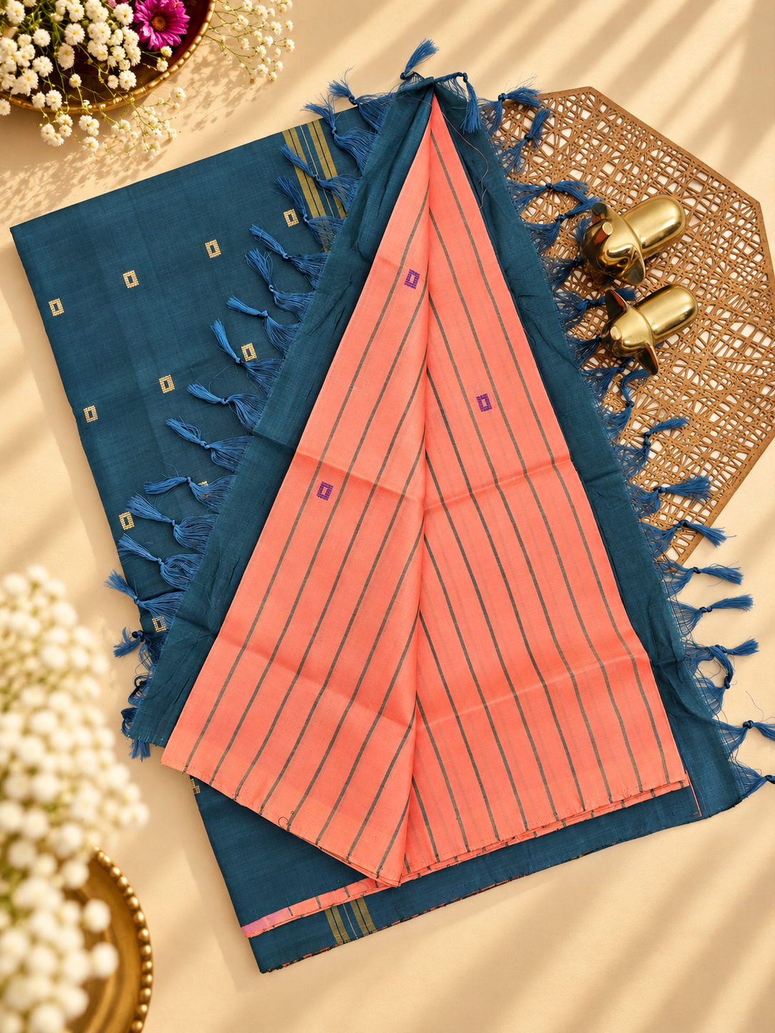 Chinnalampattu Saree - Peach with Peacock Green