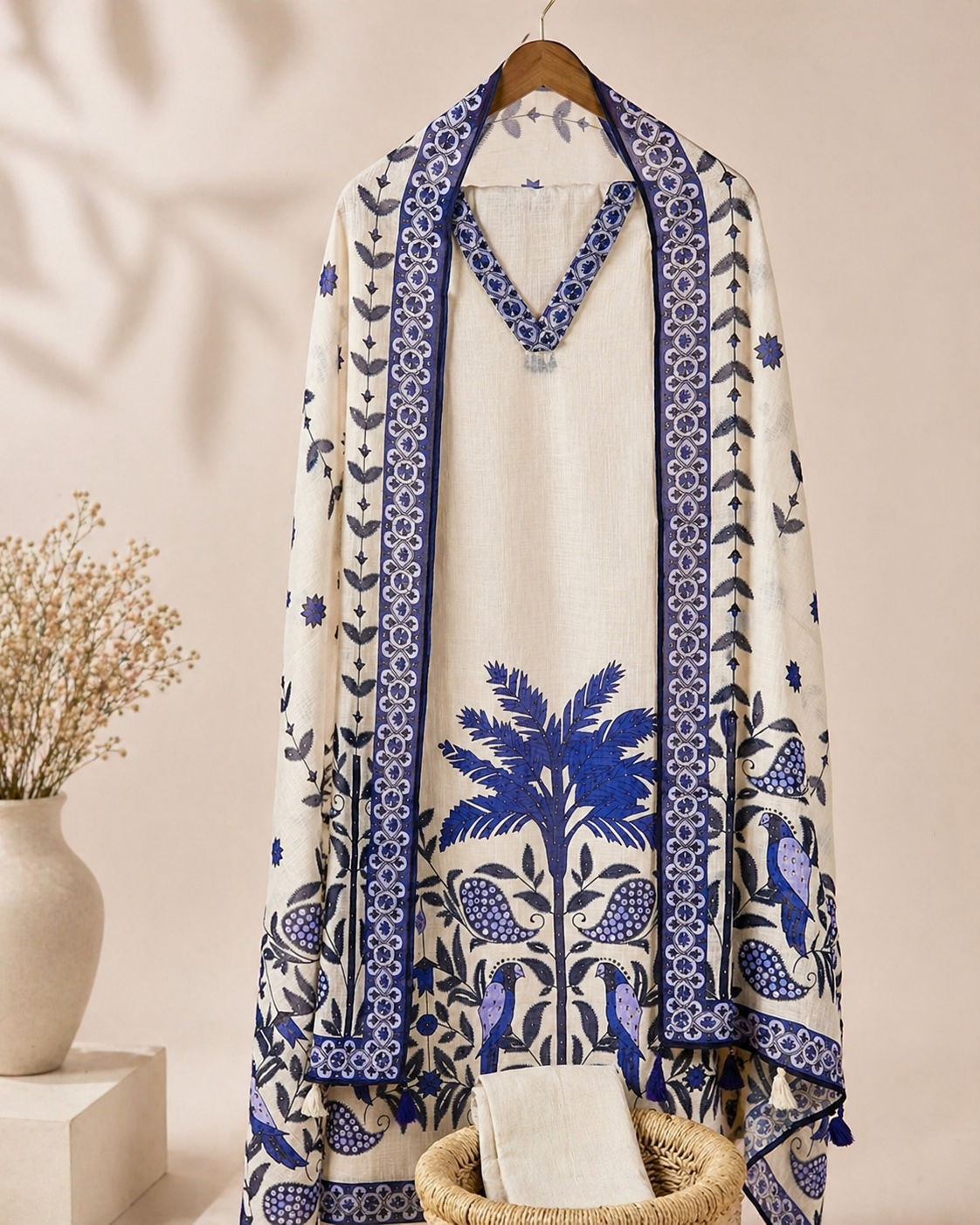 Linen Cotton Unstitched Salwar - Cream with Blue