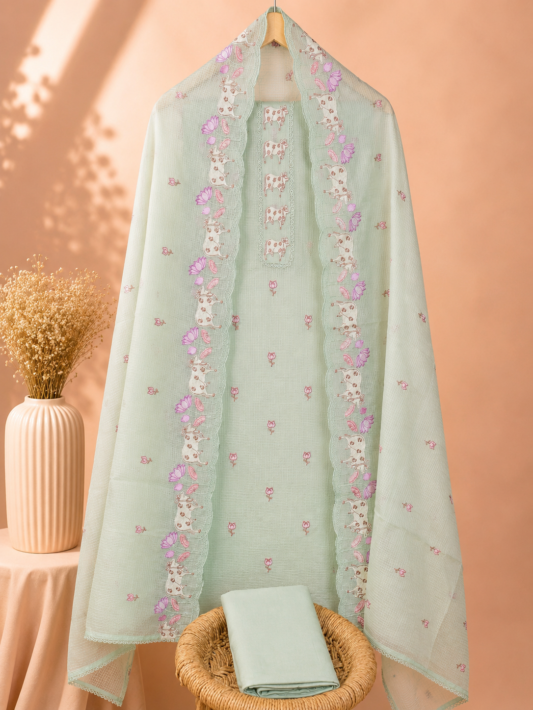 Semi Tussar Kota Unstitched Salwar - Pastel Green
