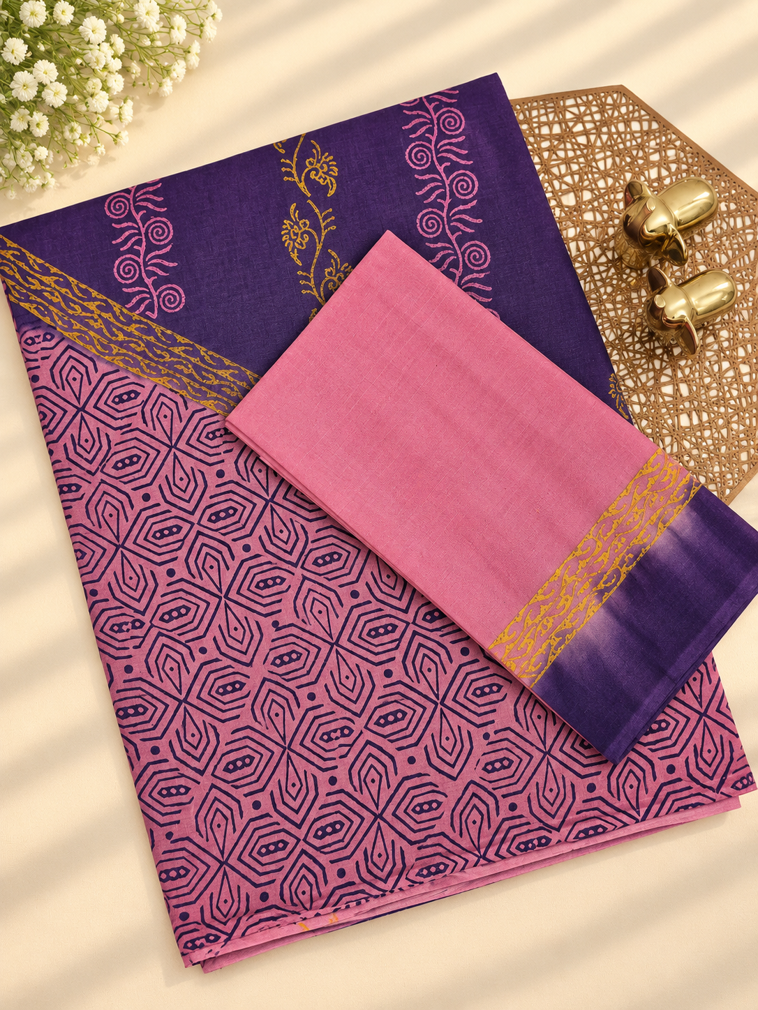 Pure Cotton with Hand Block Prints - Violet with Pink