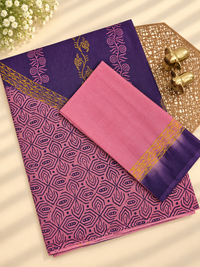 Pure Cotton with Hand Block Prints - Violet with Pink