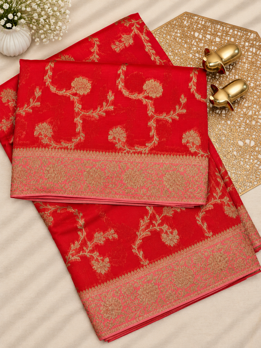 Jute Banarasi Silk Saree - Orange with Peach