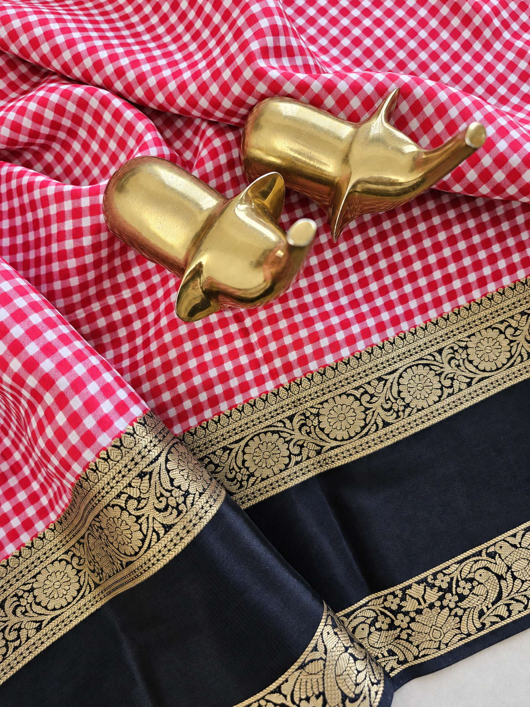 Red with White Checks Premium Semi Mysore Crepe Silk Saree