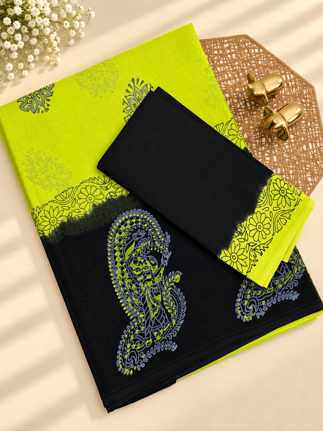 Pure Cotton with Hand Block Prints - Green with Black
