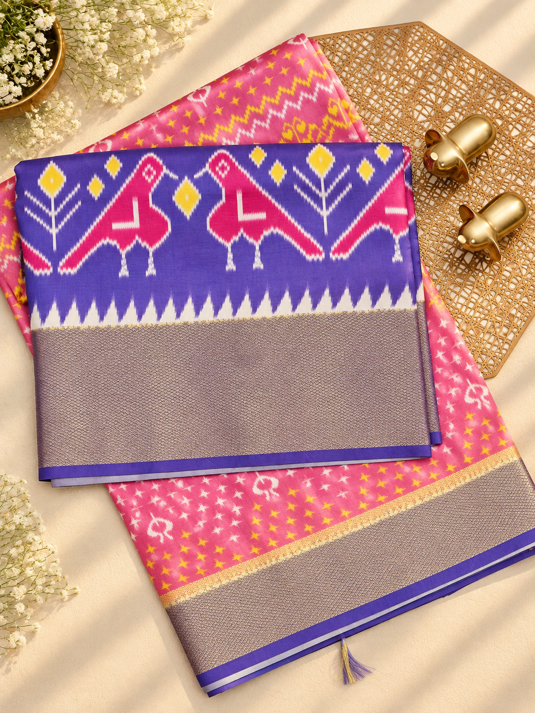Pochampally Art Silk Saree - Onion Pink with Violet