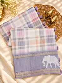 Soft Semi Tussar Madras Checks with Elephant Patch Work and Kantha Work - Grey