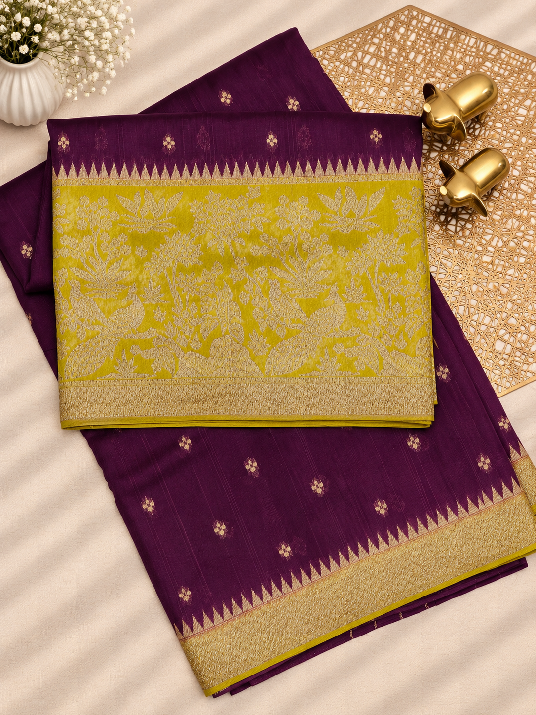 Jute Banarasi Silk Saree -  Wine with Green