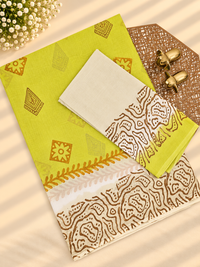 Pure Cotton with Hand Block  Prints - Lime Yellow with Ivory Cream