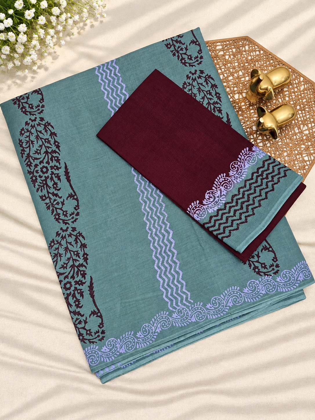 Pure Cotton with Hand Block  Prints - Greyish Green with Dark Wine