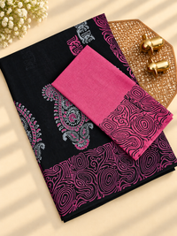Pure Cotton with Hand Block Prints - Black with Pink
