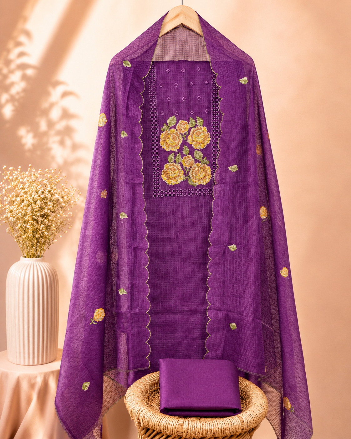Semi Tussar Kota Unstitched Salwar Set – Dark Purple