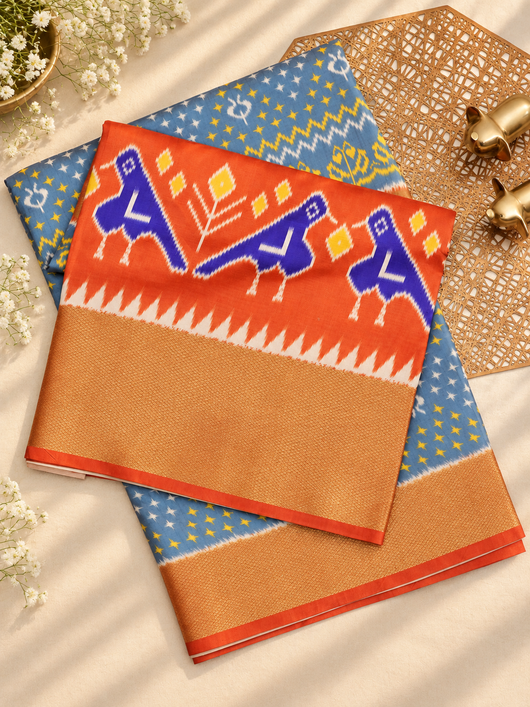Pochampally Art Silk Saree - Grey with Brown