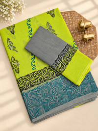 Pure Cotton with Hand Block Prints - Green with Grey