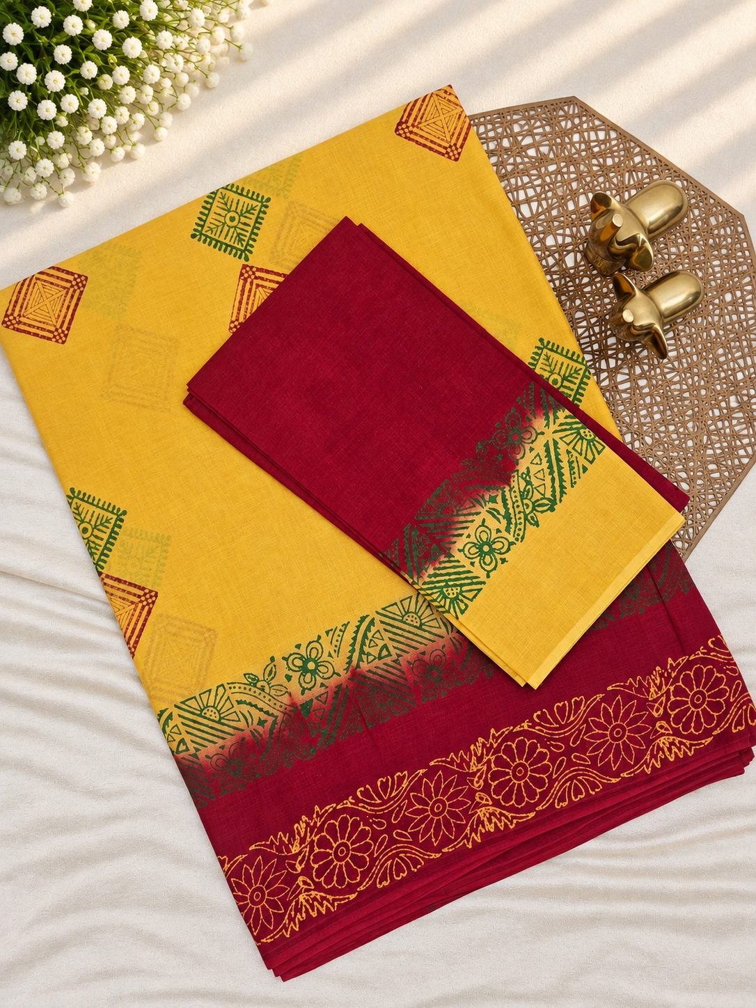 Pure Cotton with Hand Block  Prints - Yellow with Red