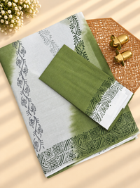 Pure Cotton with Hand Block  Prints - Green with White