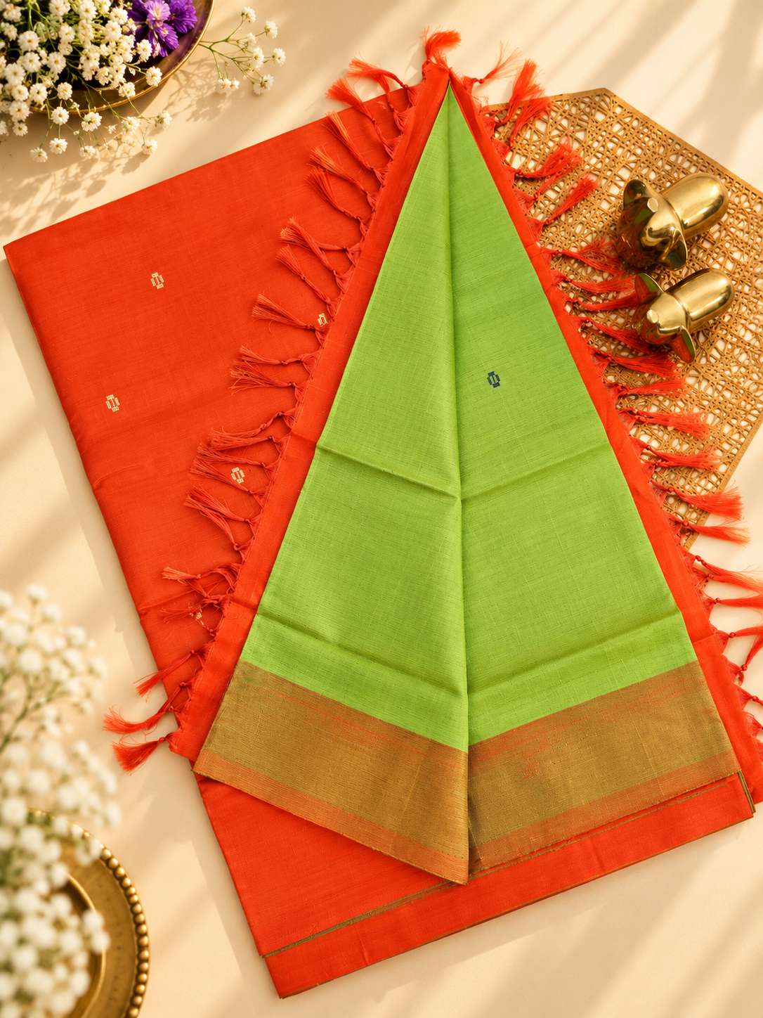 Chinnalampattu Saree - Green with Orange