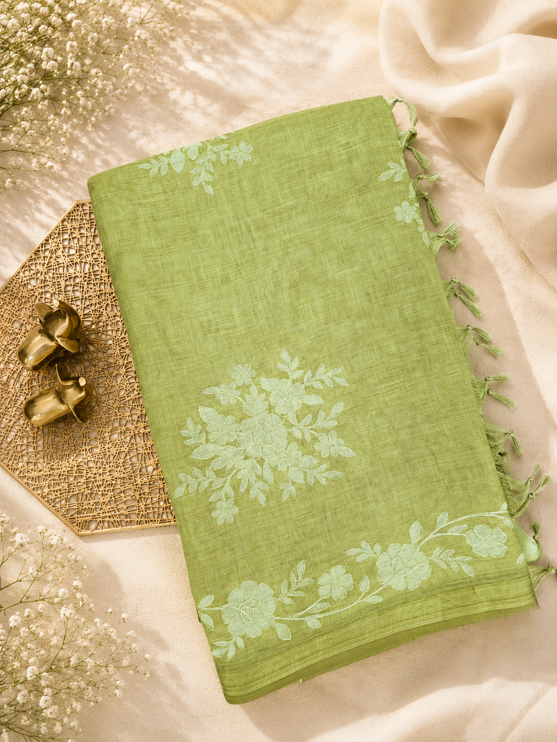 Linen Tissue with Aari Work - Green
