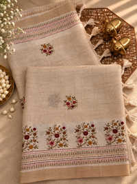 Linen Tissue with Embroidery Work - Tussar Shade with Pink with Mustard Yellow