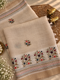 Linen Tissue with Embroidery Work - Tussar Shade with Blue and Peach