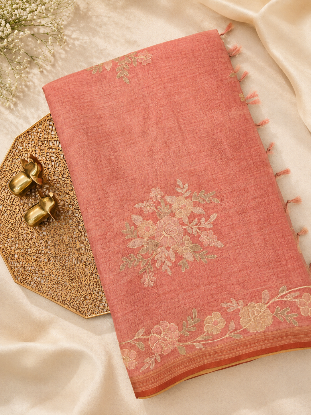 Linen Tissue with Aari Work - Peachish Pink