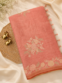 Linen Tissue with Aari Work - Peachish Pink