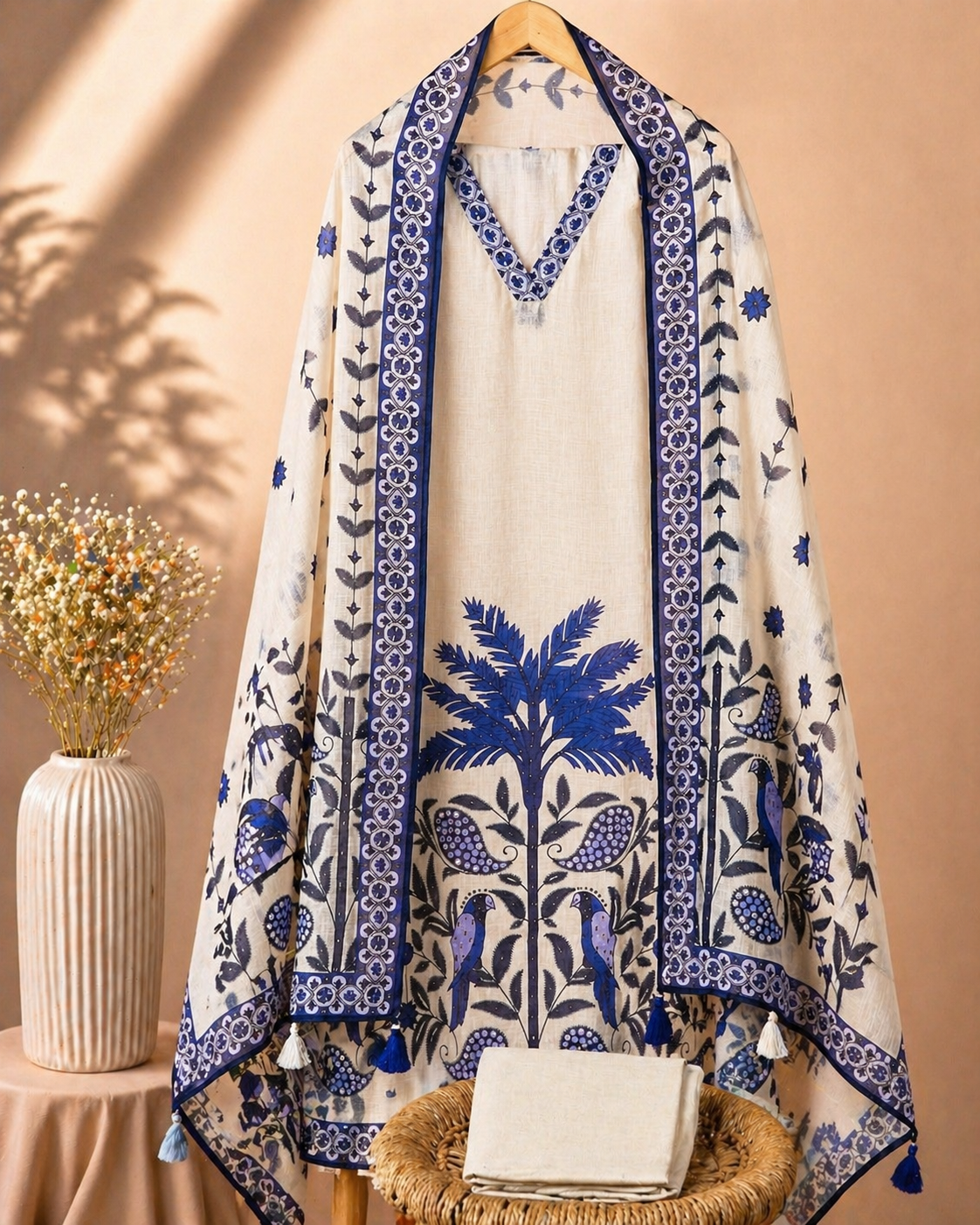 Linen Cotton Unstitched Salwar Set – Off-white Blue