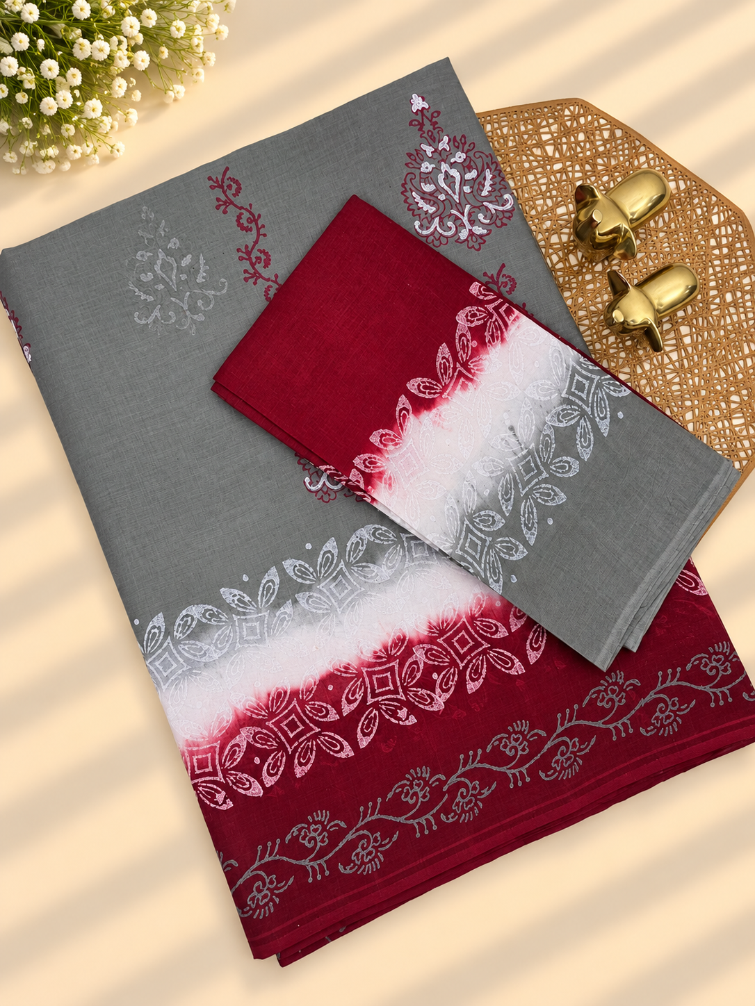 Pure Cotton with Hand Block  Prints -  Grey with Maroon