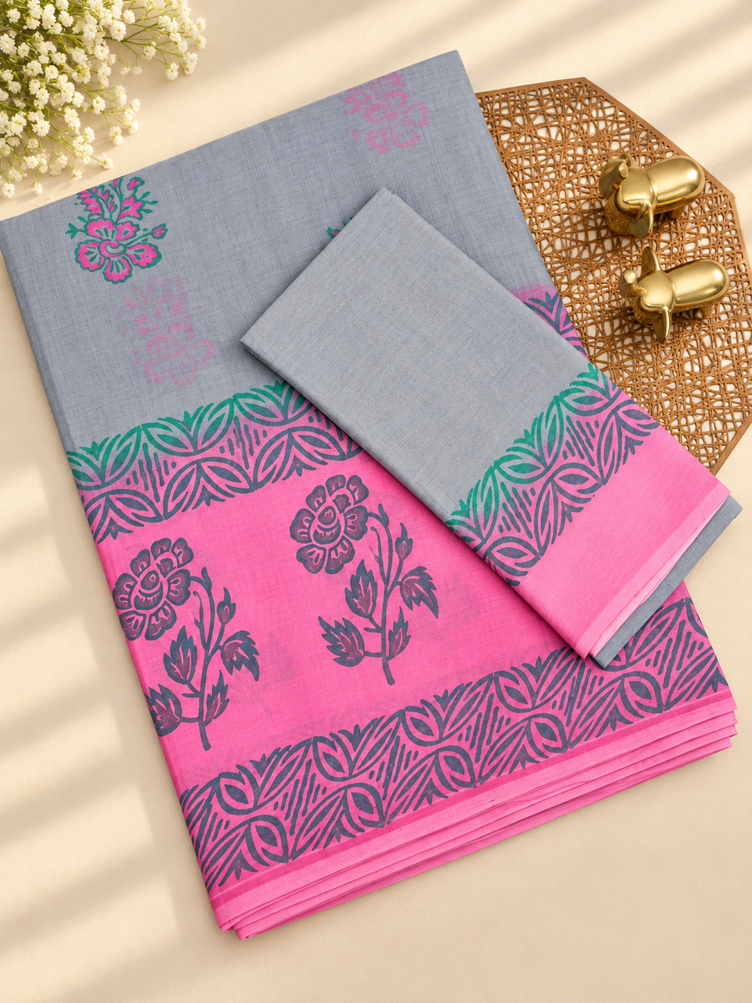 Pure Cotton with Hand Block Prints - Grey with Pink