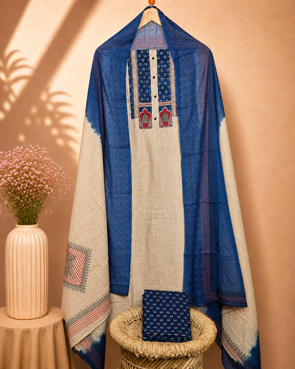 Pure Cotton Unstitched Salwar Set – Beige with Blue