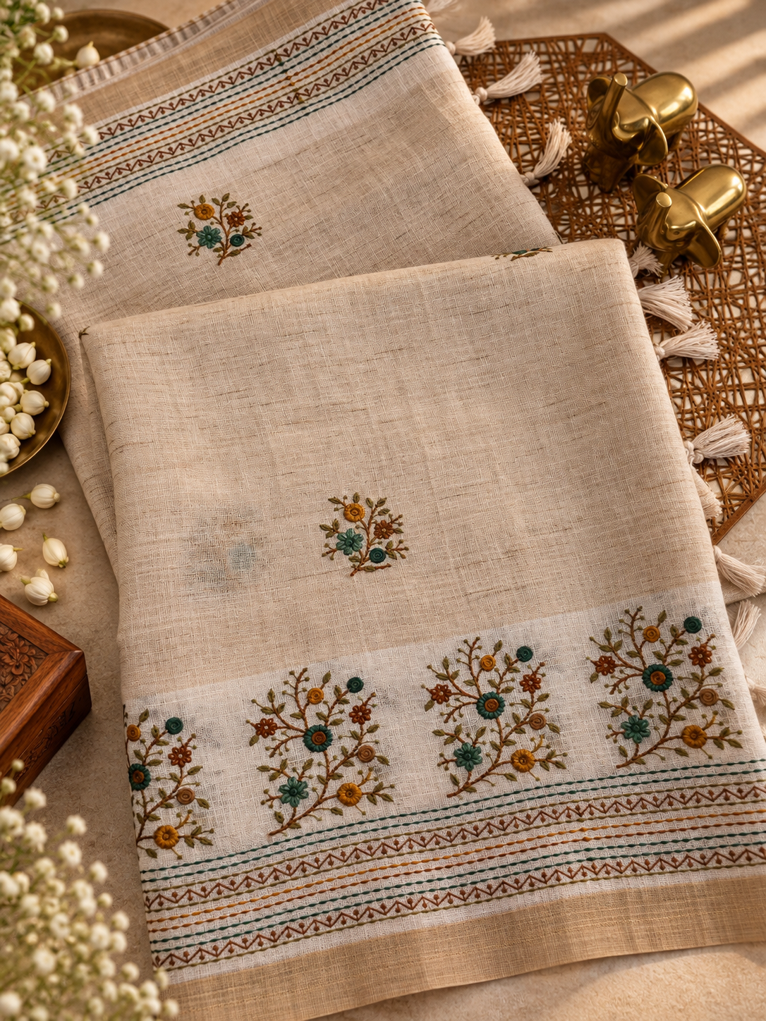 Linen Tissue with Embroidery Work - Tussar Shade with Mustard with Peacock Green