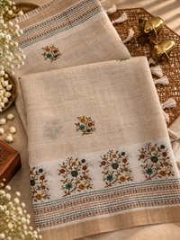 Linen Tissue with Embroidery Work - Tussar Shade with Mustard with Peacock Green