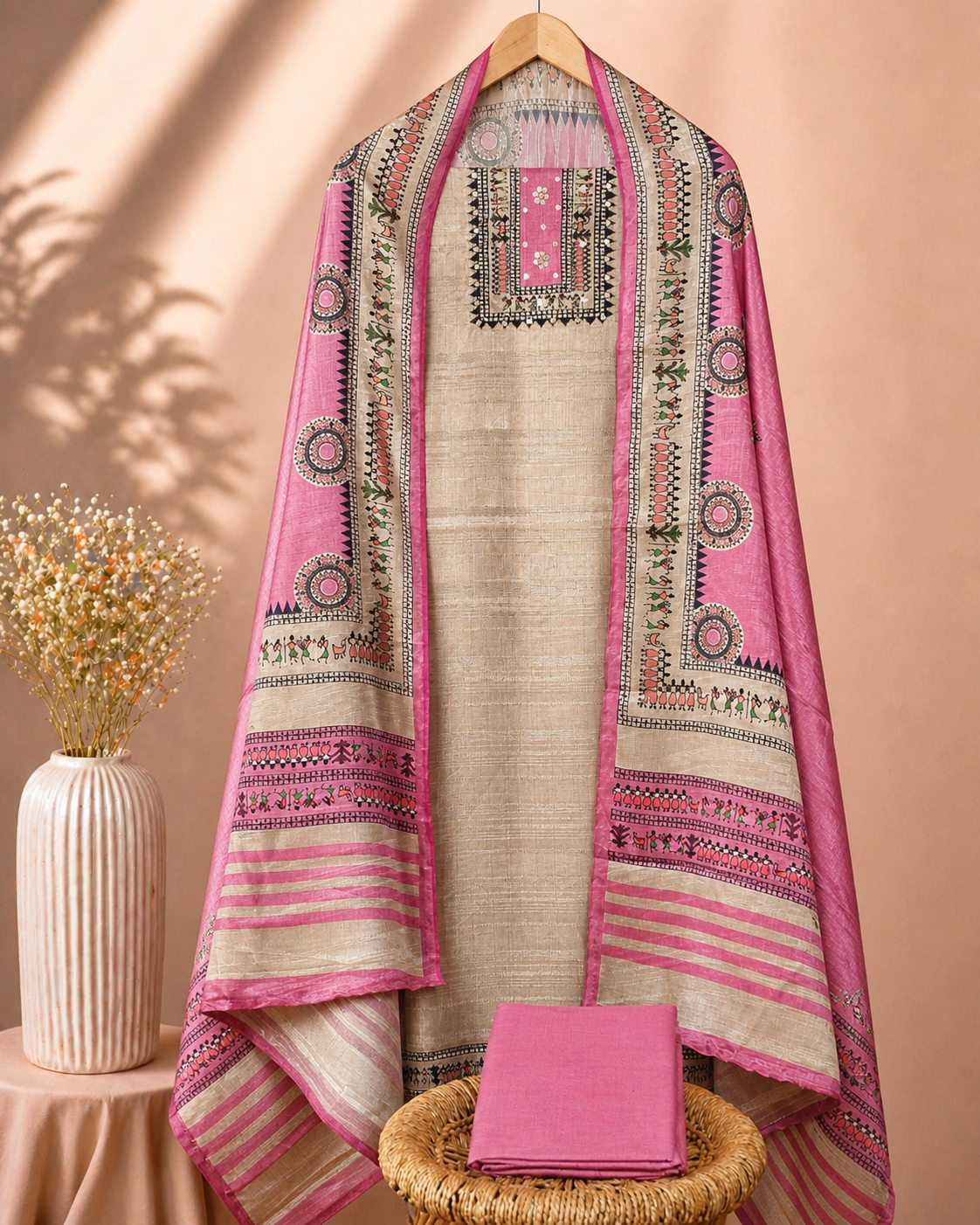 Semi Tussar Unstitched Salwar Set – Cream with Pink
