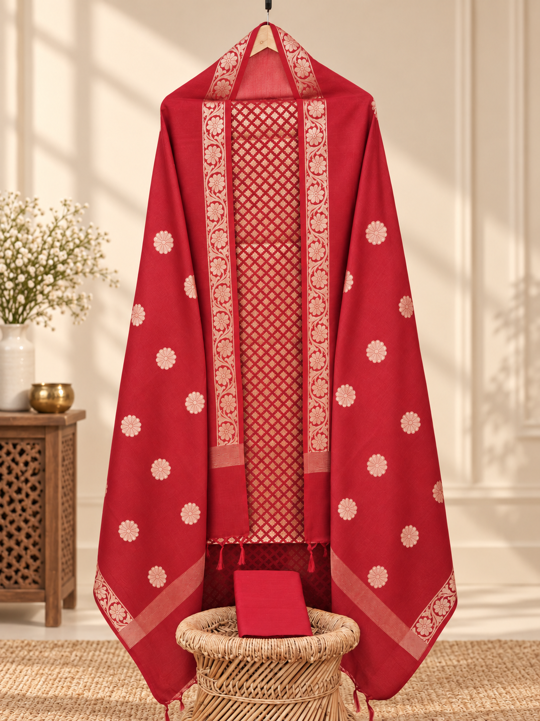 Banarasi Silk Unstitched Salwar -  Dark Red