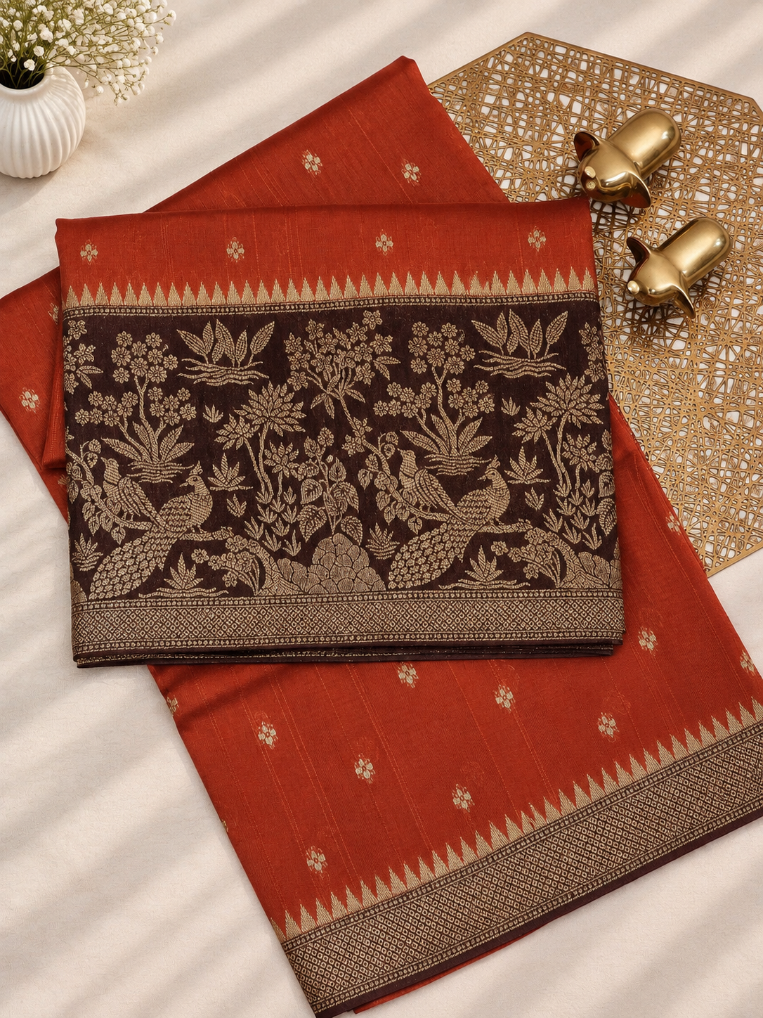 Jute Banarasi Silk Saree - Rust Orange with Brown