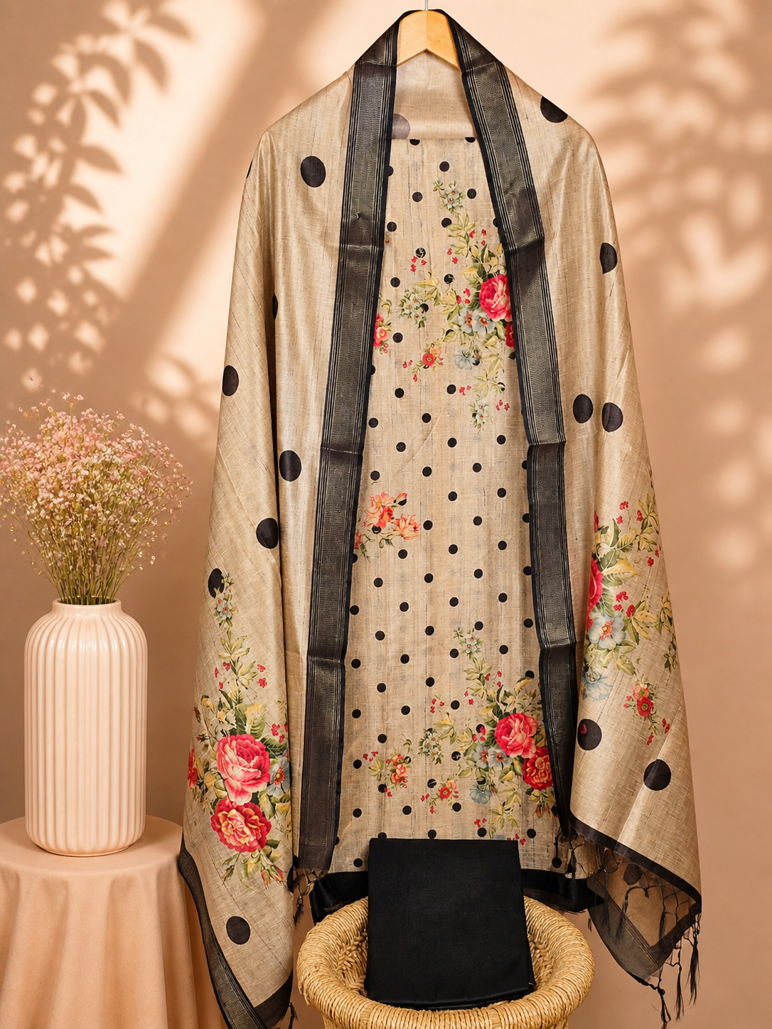 Semi Tussar Floral Polka Digital Prints Unstitched Salwar Set – Black