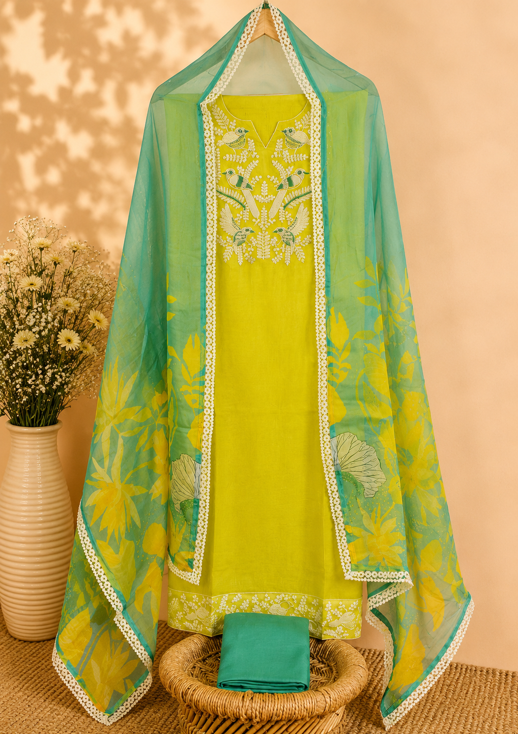 Soft Silk Unstitched Salwar Set – Yellow with Sea Green