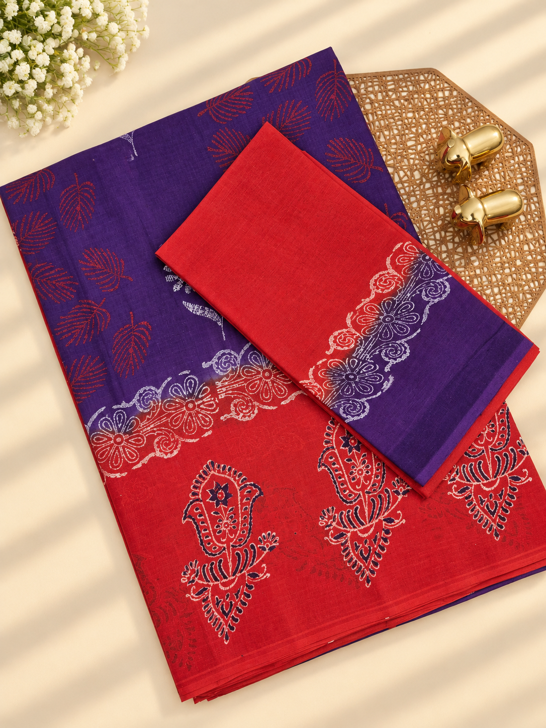 Pure Cotton with Hand Block  Prints - Purple with Orange