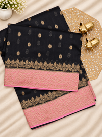 Jute Banarasi Silk Saree -  Black with Pink
