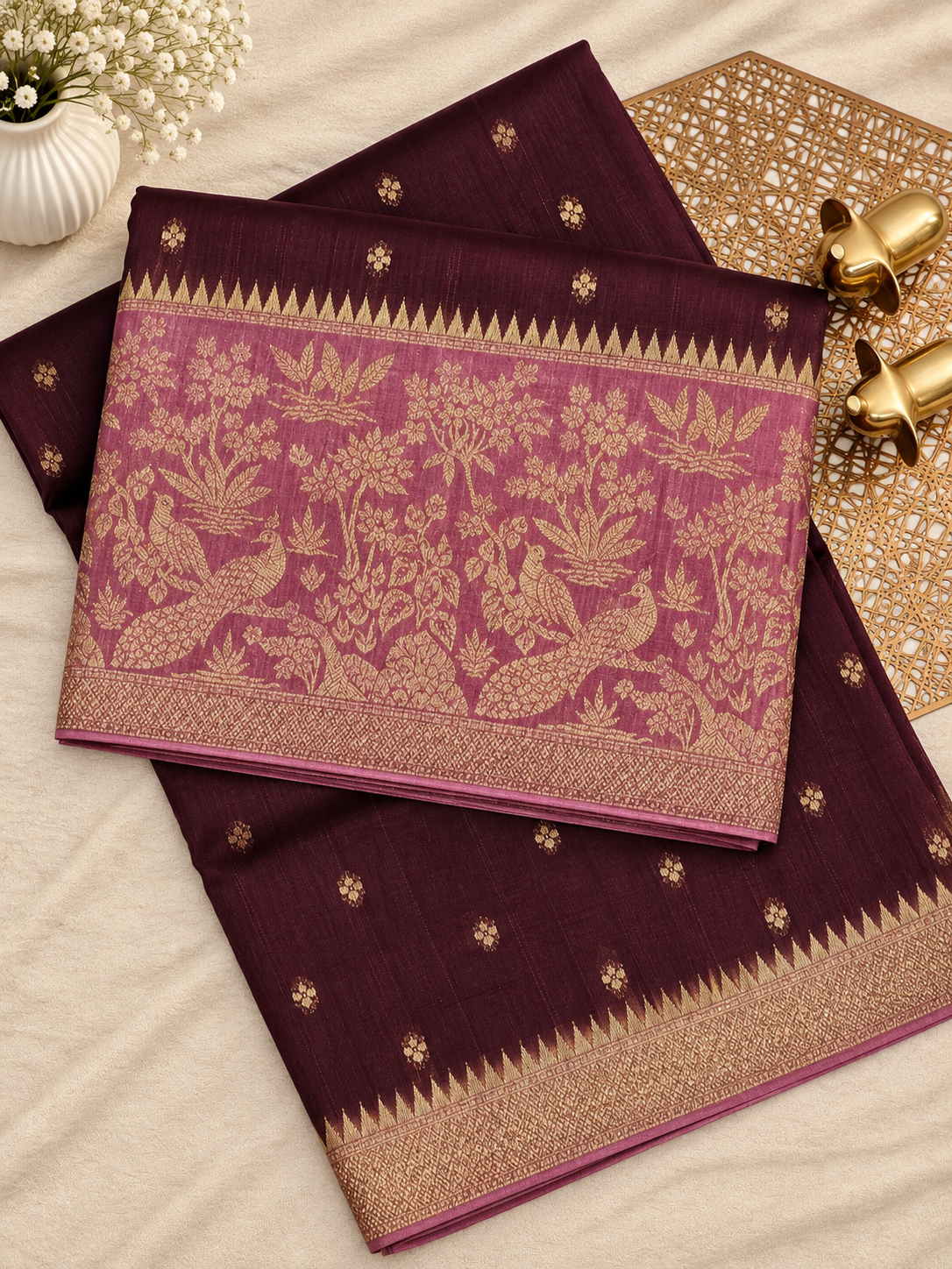 Jute Banarasi Silk Saree - Coffee Brown with Dark Onion pink