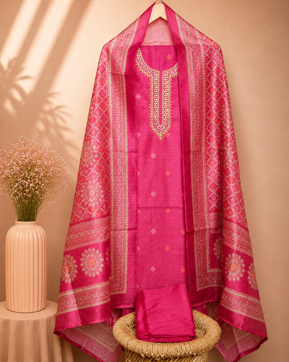 Semi Tussar Unstitched Salwar Set – Pink