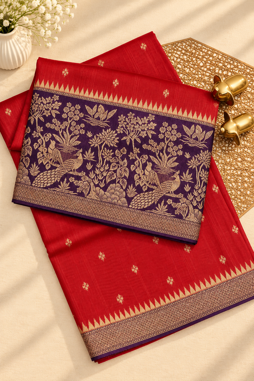 Jute Banarasi Silk Saree -Red with Purple