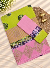 Pure Cotton with Hand Block  Prints - Green with Pink