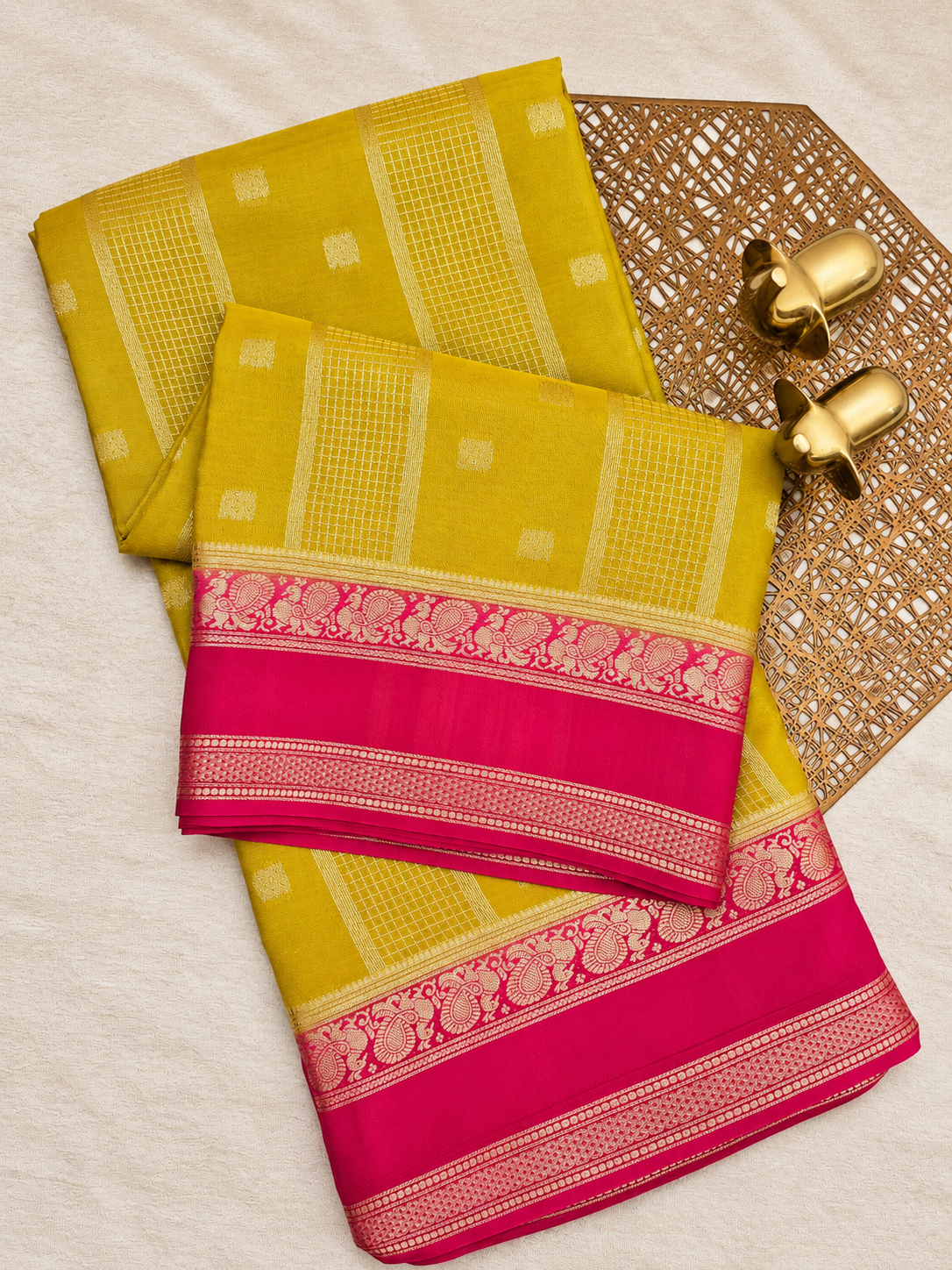 Mustard with Pink Premium Semi Mysore Crepe Silk Saree