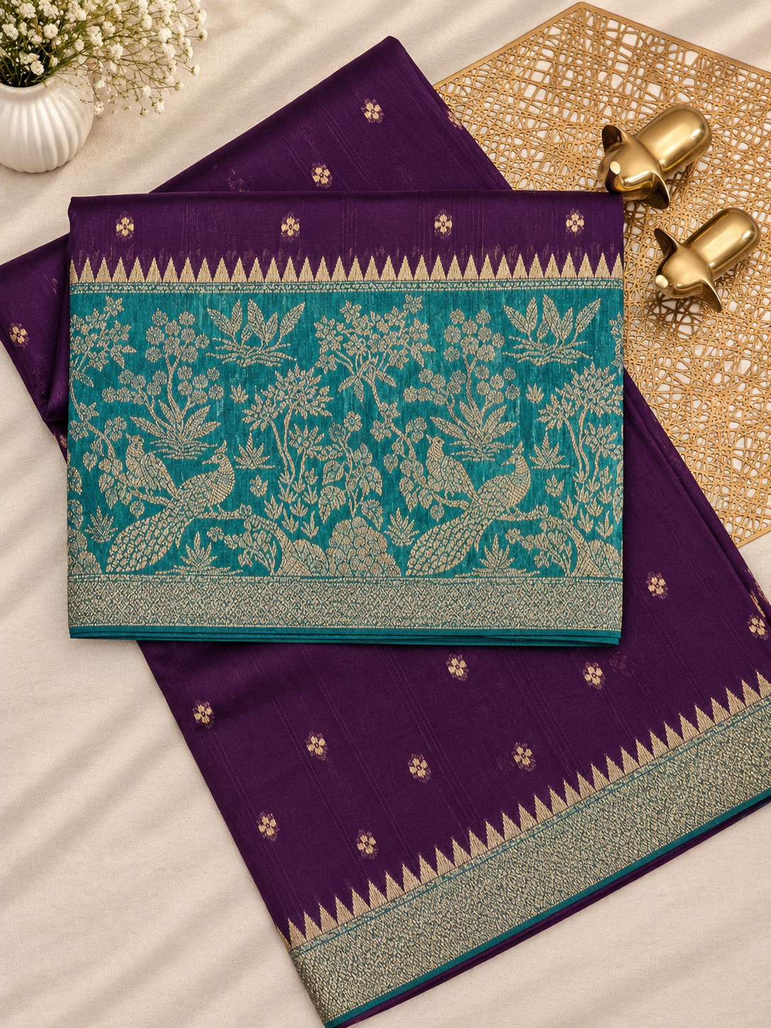 Jute Banarasi Silk Saree -  Dark Purple with Sea Green