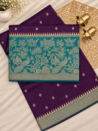 Jute Banarasi Silk Saree -  Dark Purple with Sea Green