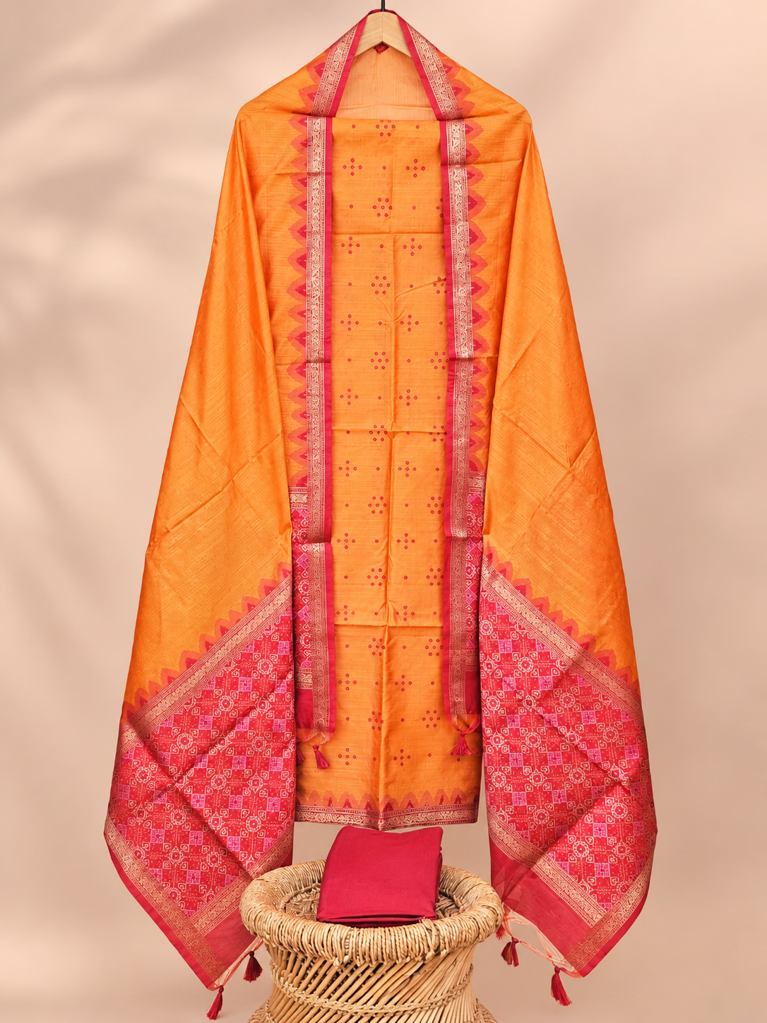 Raw Silk Unstitched Salwar - Mango Yellow with Red