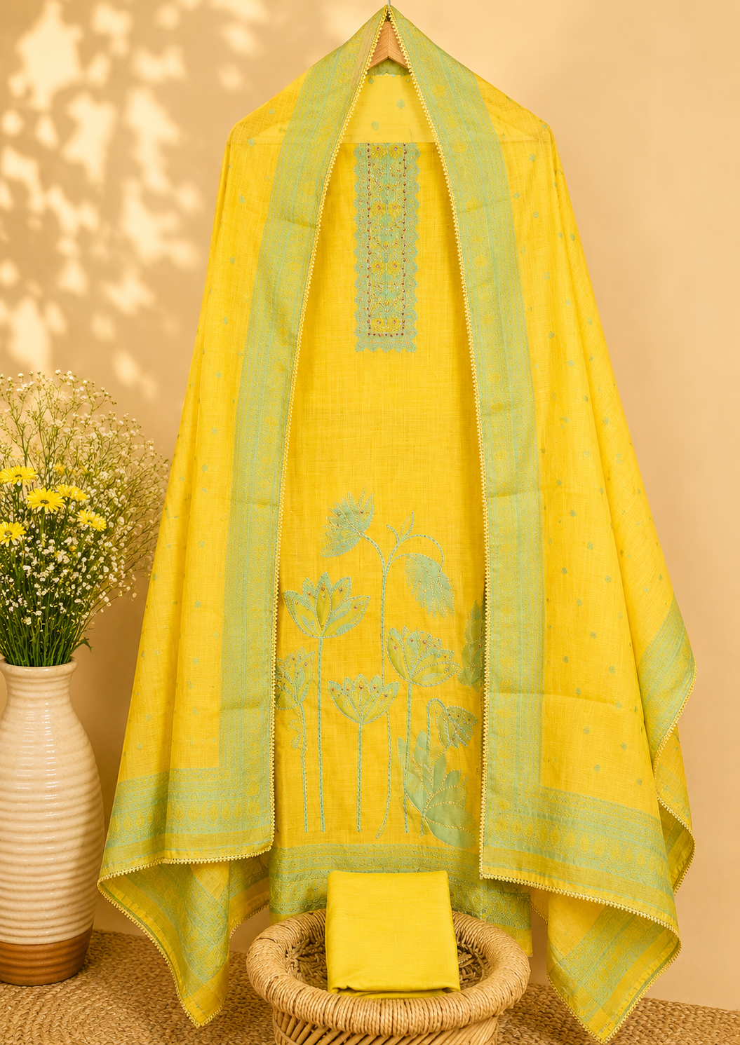 Semi Tussar Weaving Unstitched  Salwar Suit  - Yellow with Sea Green
