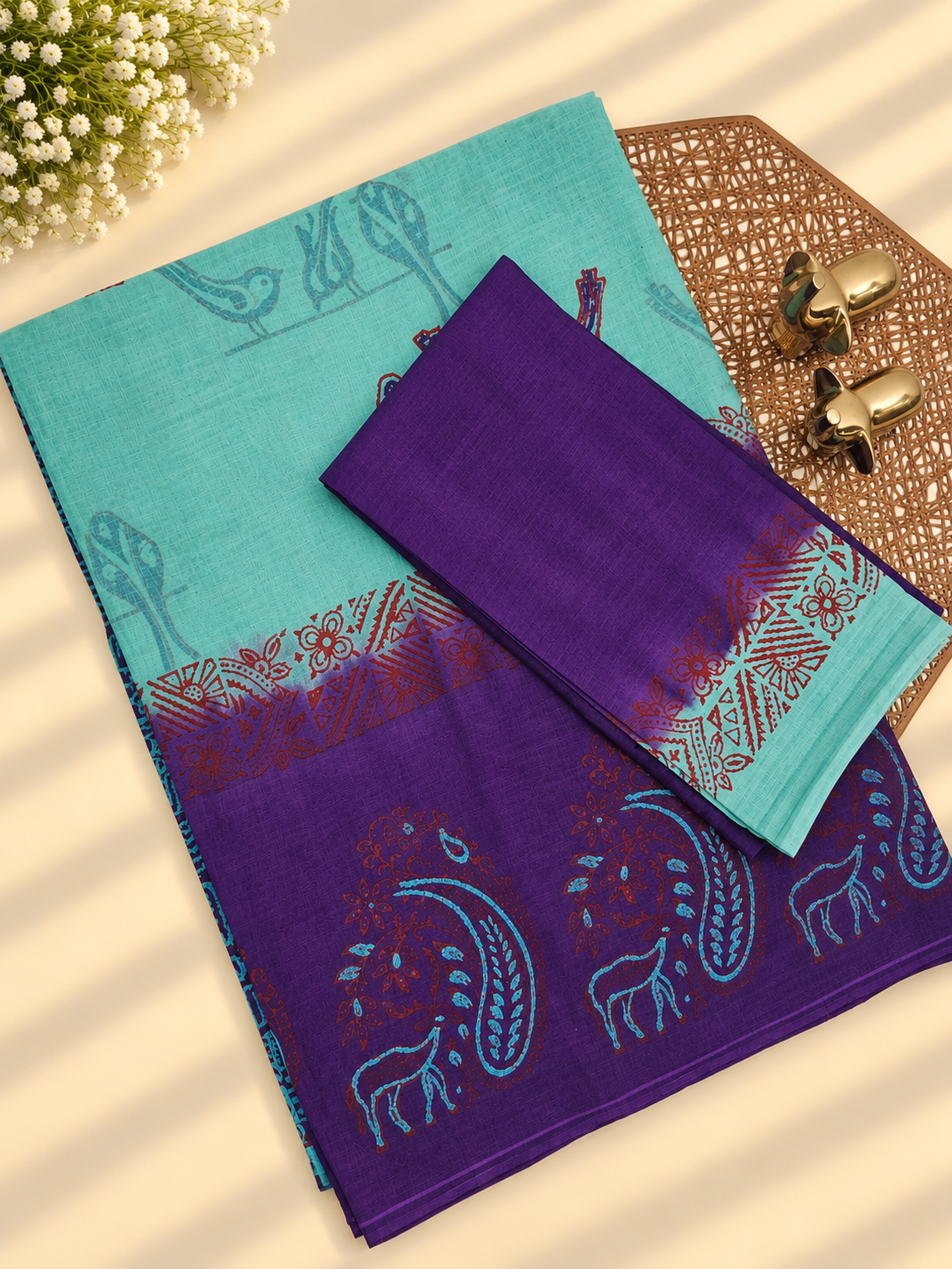 Pure Cotton with Hand Block  Prints - Sea Green with Purple