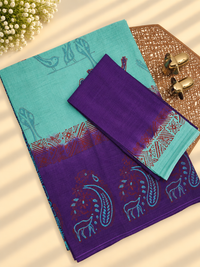 Pure Cotton with Hand Block  Prints - Sea Green with Purple