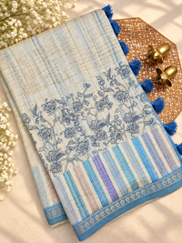 Soft Semi Tussar Multi Colour Stripes with Kantha Work - Blueish Cream with Multi Shade